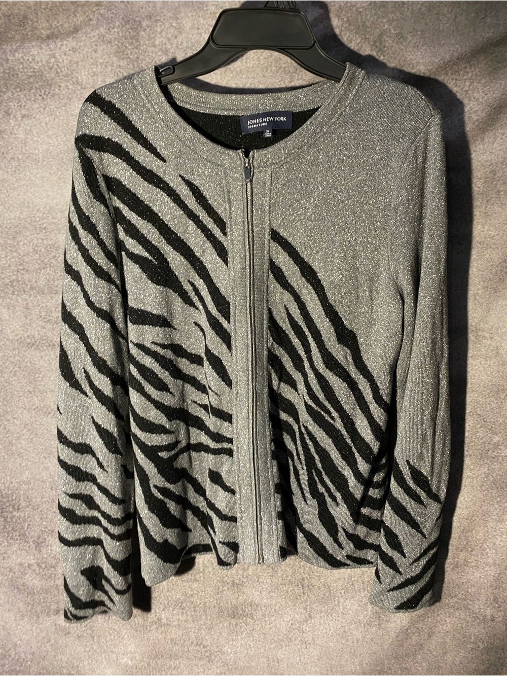 Jones New York Signature Womens XL Silver Black Metallic Zebra Full Zip Sweater